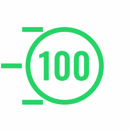 Un nombre vert 100 à l'intérieur d'un cercle avec trois lignes, symbolisant la vitesse - idéal pour présenter 3.d Optimisation Performances WordPress PageSpeed Insights ou les meilleurs scores en matière de performance des pages. WordPress