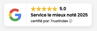 Le 3.d Optimisation Performances Core Web Vitals WordPress PageSpeed Insights montre un badge d'évaluation Google-5 étoiles, 5.0 rating, "Service le mieux noté 2025", certifié par Trustindex-optimisé pour WordPress et conforme à Core Web Vitals. WordPress