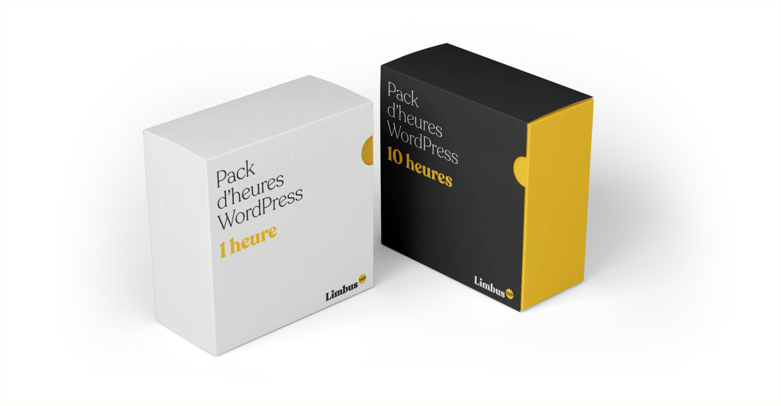 Deux boîtes étiquetées "Pack d'heures WordPress", l'une pour 1 heure (blanche) et l'autre pour 10 heures (noire et jaune). WordPress