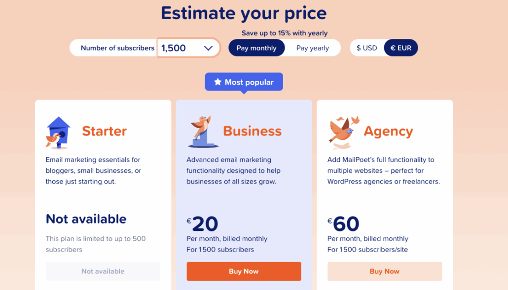 Mailpoet propose une licence et service annuel pour 1 500 abonnés, avec des plans flexibles pour répondre à vos besoins. WordPress